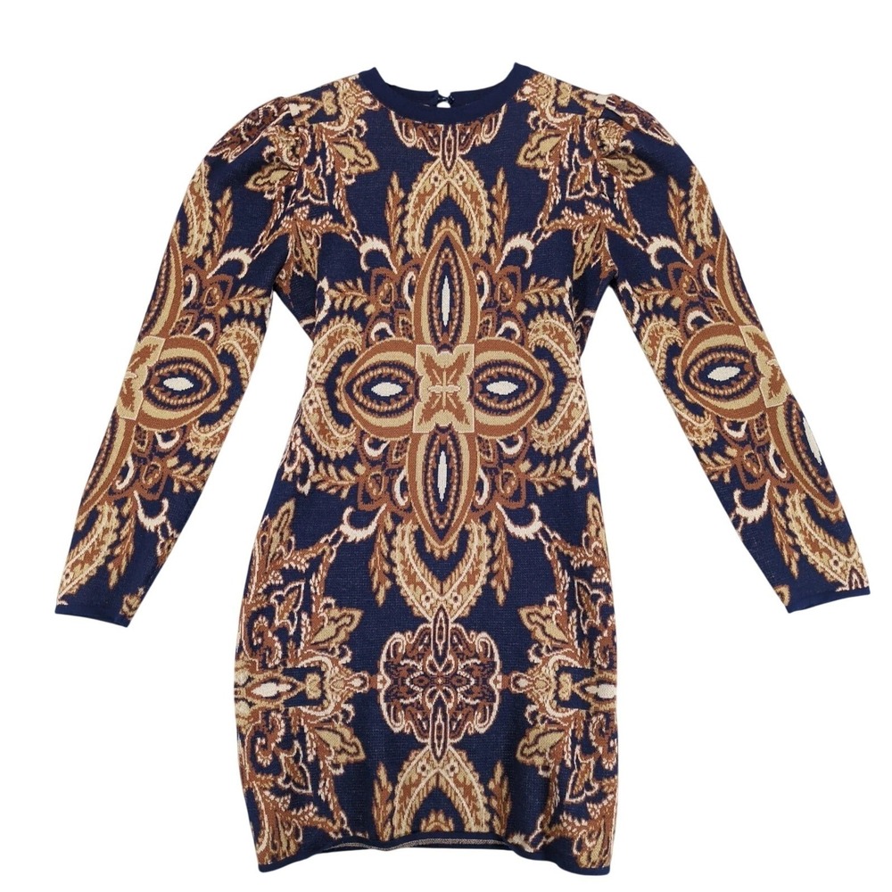 Flying Tomato Blue Baroque Knit Sweater Dress Sz M Puff Shoulder Sheath Boho Art